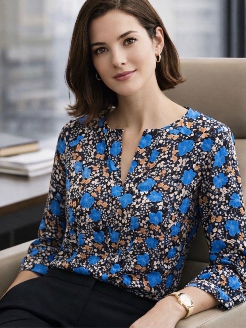 Ann Taylor Floral Split V-Neck Long Sleeve Blouse Blue Womens M Career